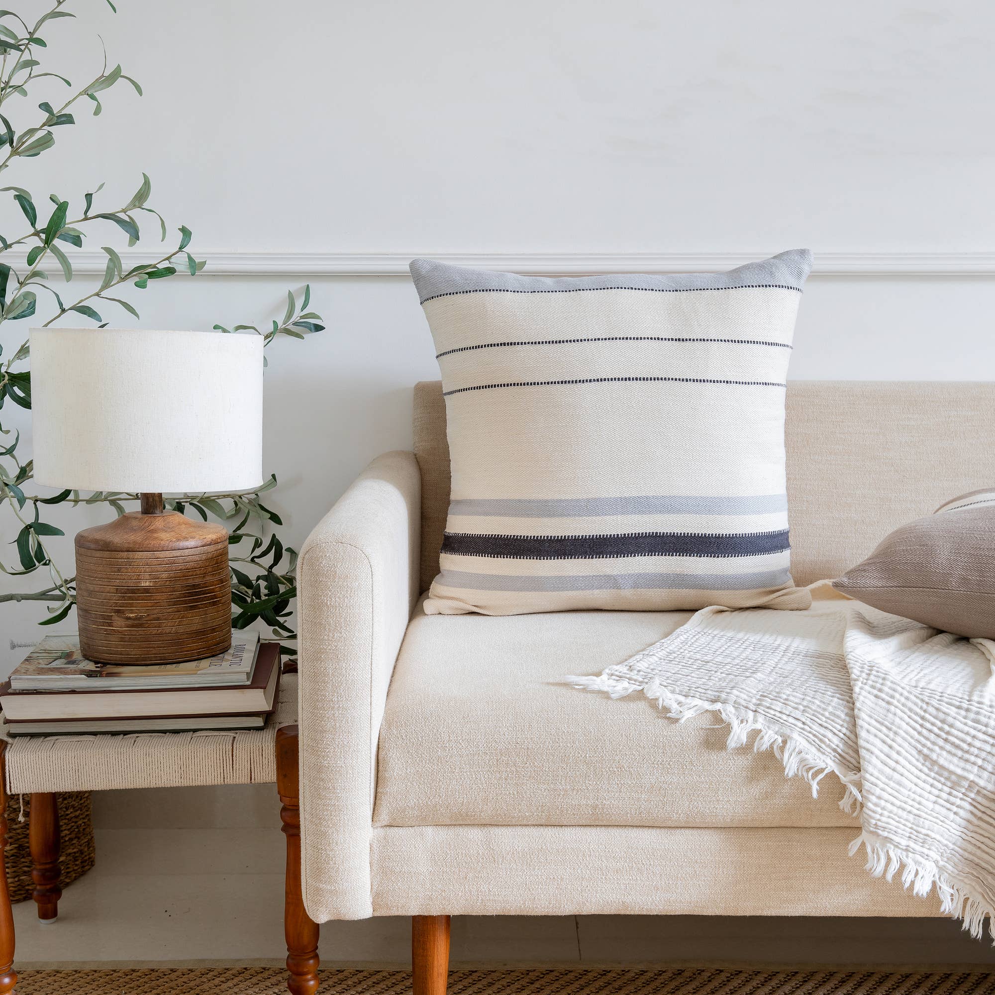 Transitional Hand-Woven Modern Striped Cotton Throw Pillow