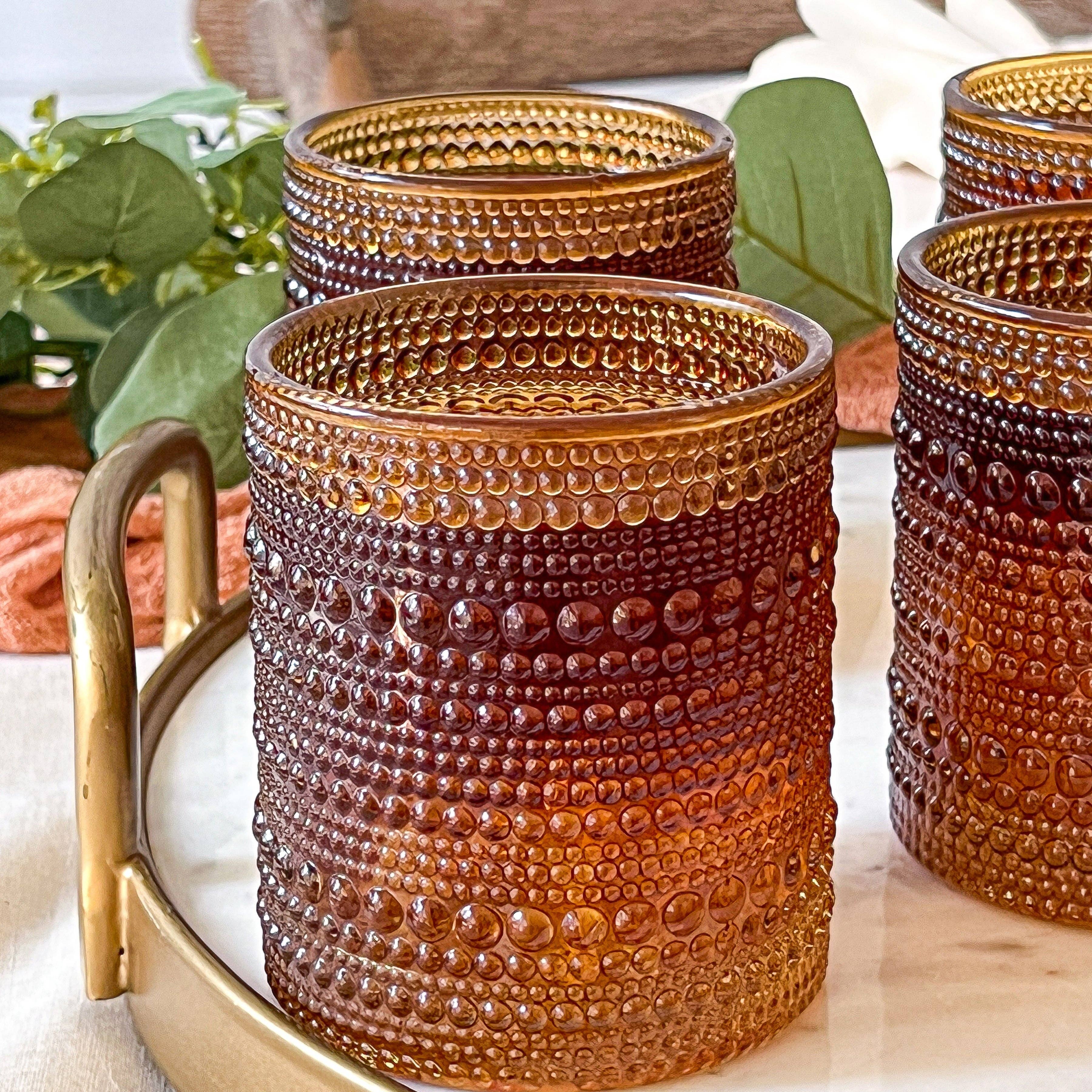 10 oz. Textured Hobnail Beaded Amber Drinking Glasses - 6pcs