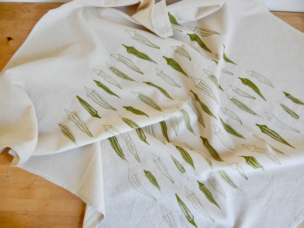 Okra Tea Towel, Handprinted Hand Towel, Okra