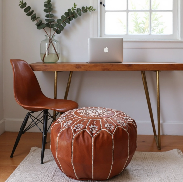 Moroccan Leather Foot Stool Ottoman, Handmade Pouf