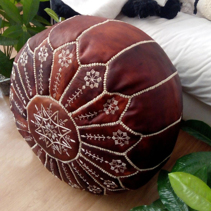 Moroccan Leather Foot Stool Ottoman, Handmade Pouf