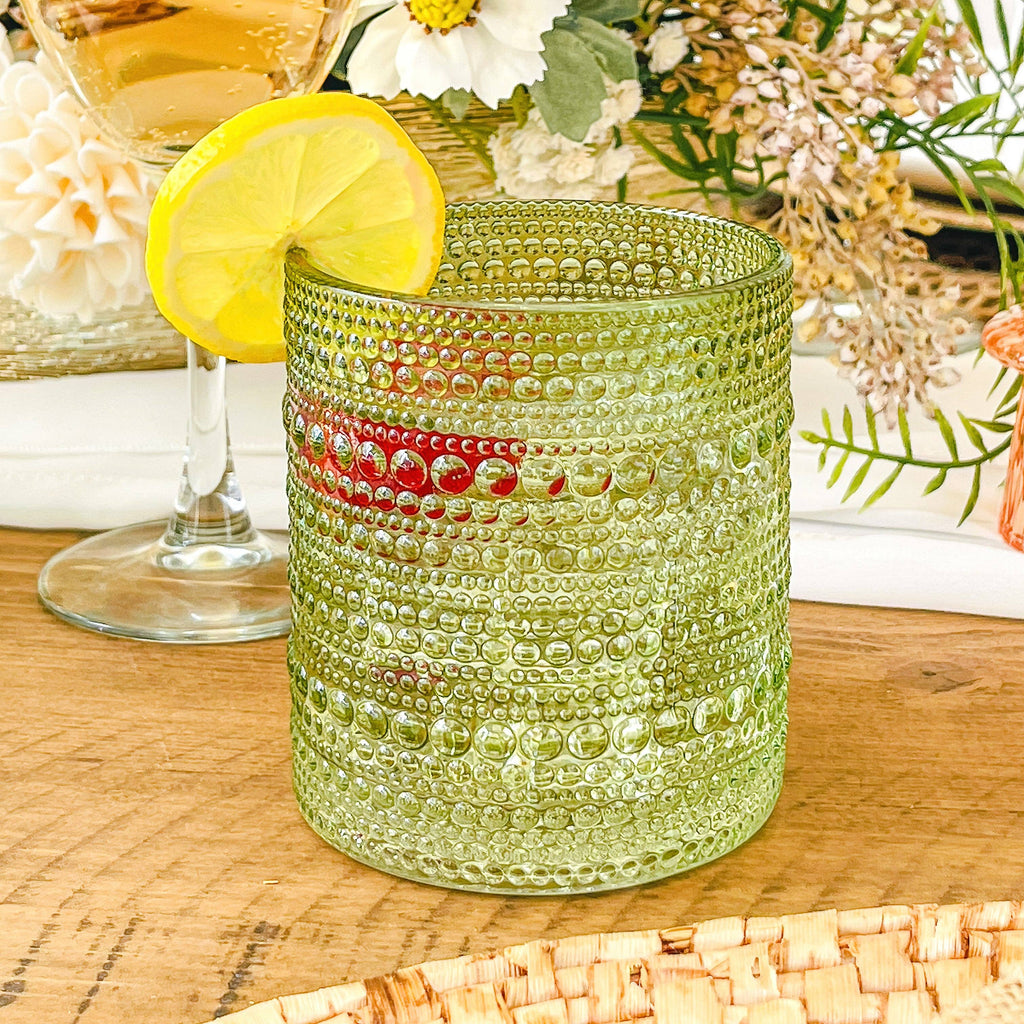 10 oz Beaded Sage Green Old Fashion Drinking Glass Set of 6