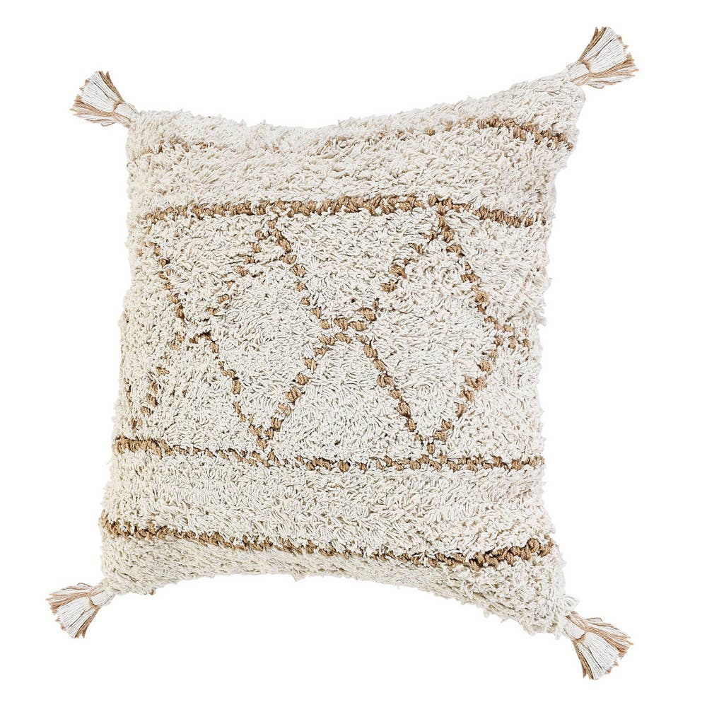Boho-Chic Diamond Jute and Cotton Throw Pillow