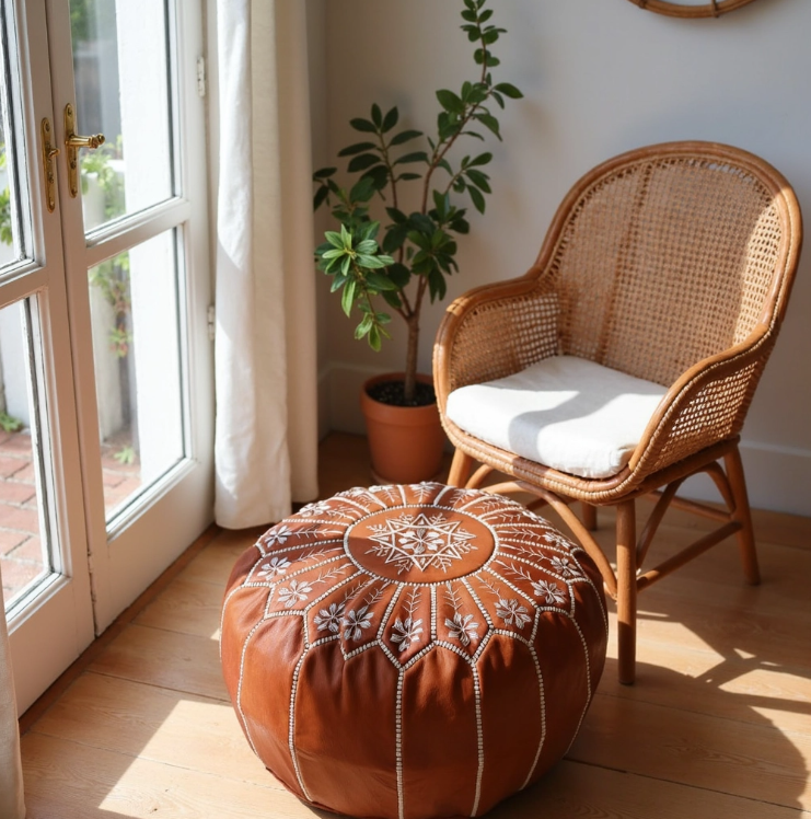 Moroccan Leather Foot Stool Ottoman, Handmade Pouf