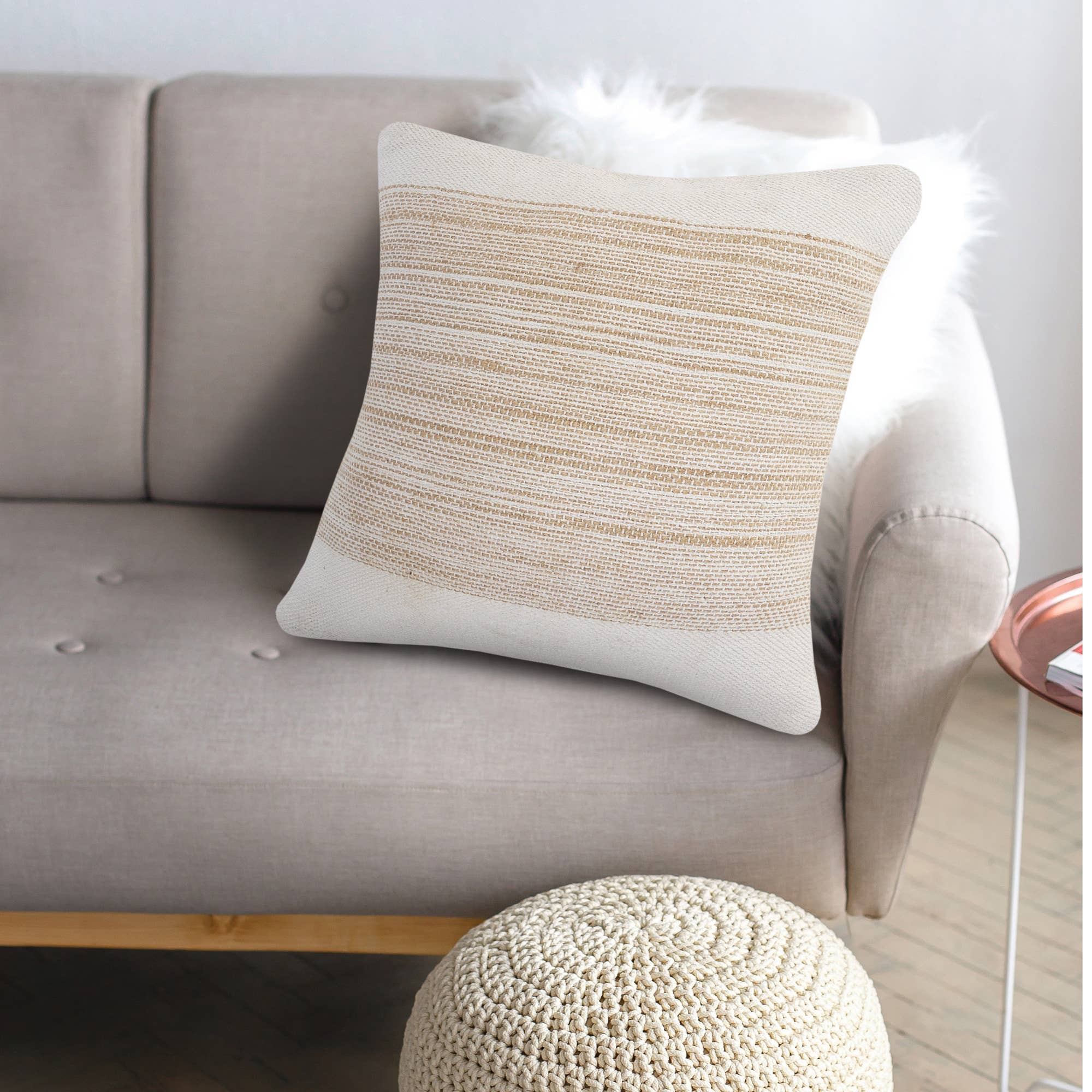 Ivory and Jute Striped and Bordered Throw Pillow