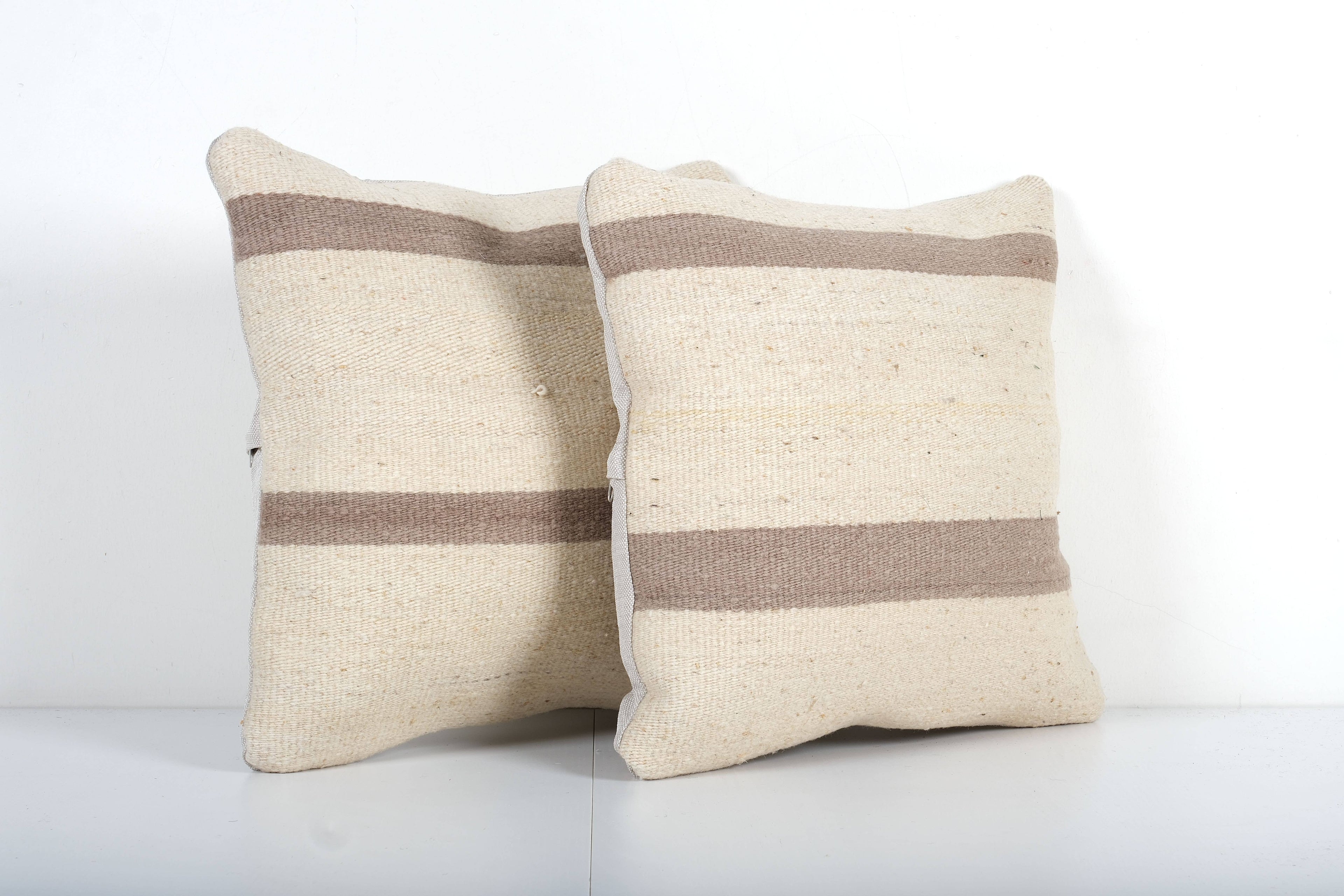 Vintage Turkish White Kilim Pillow, Brown Striped Natural