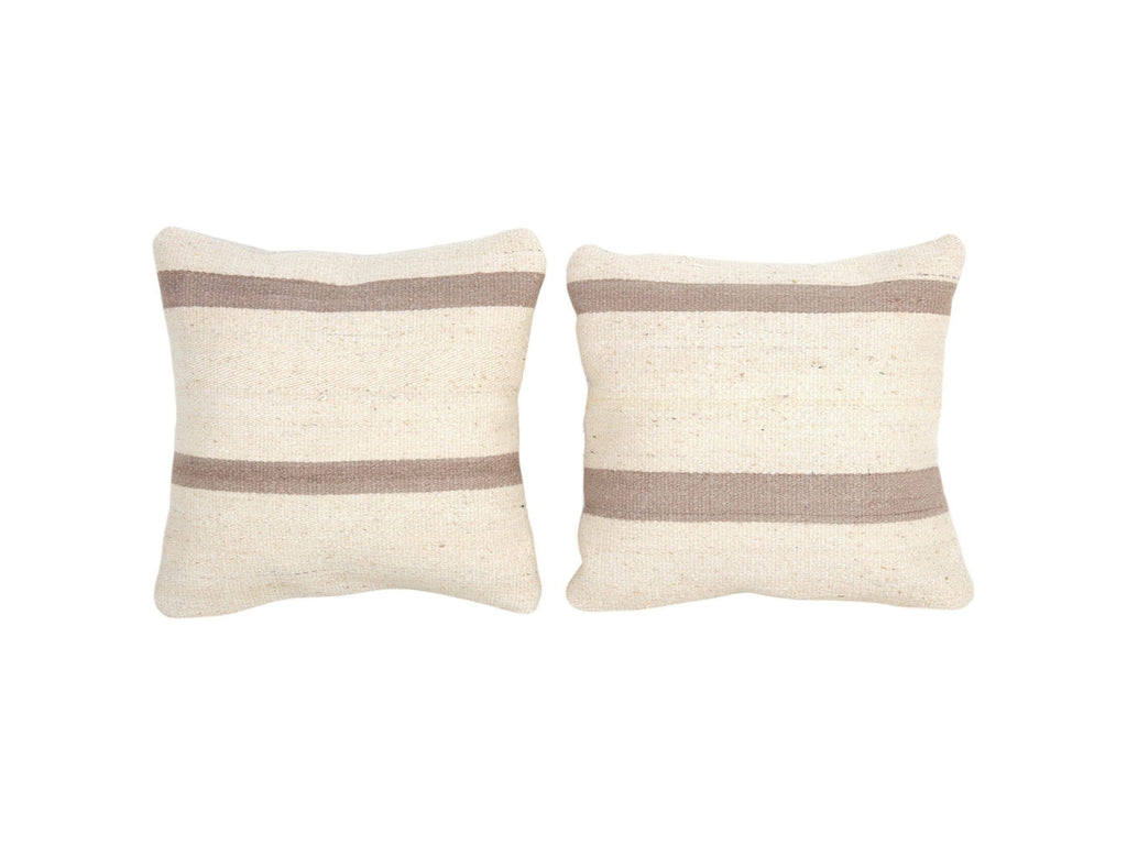 Vintage Turkish White Kilim Pillow, Brown Striped Natural