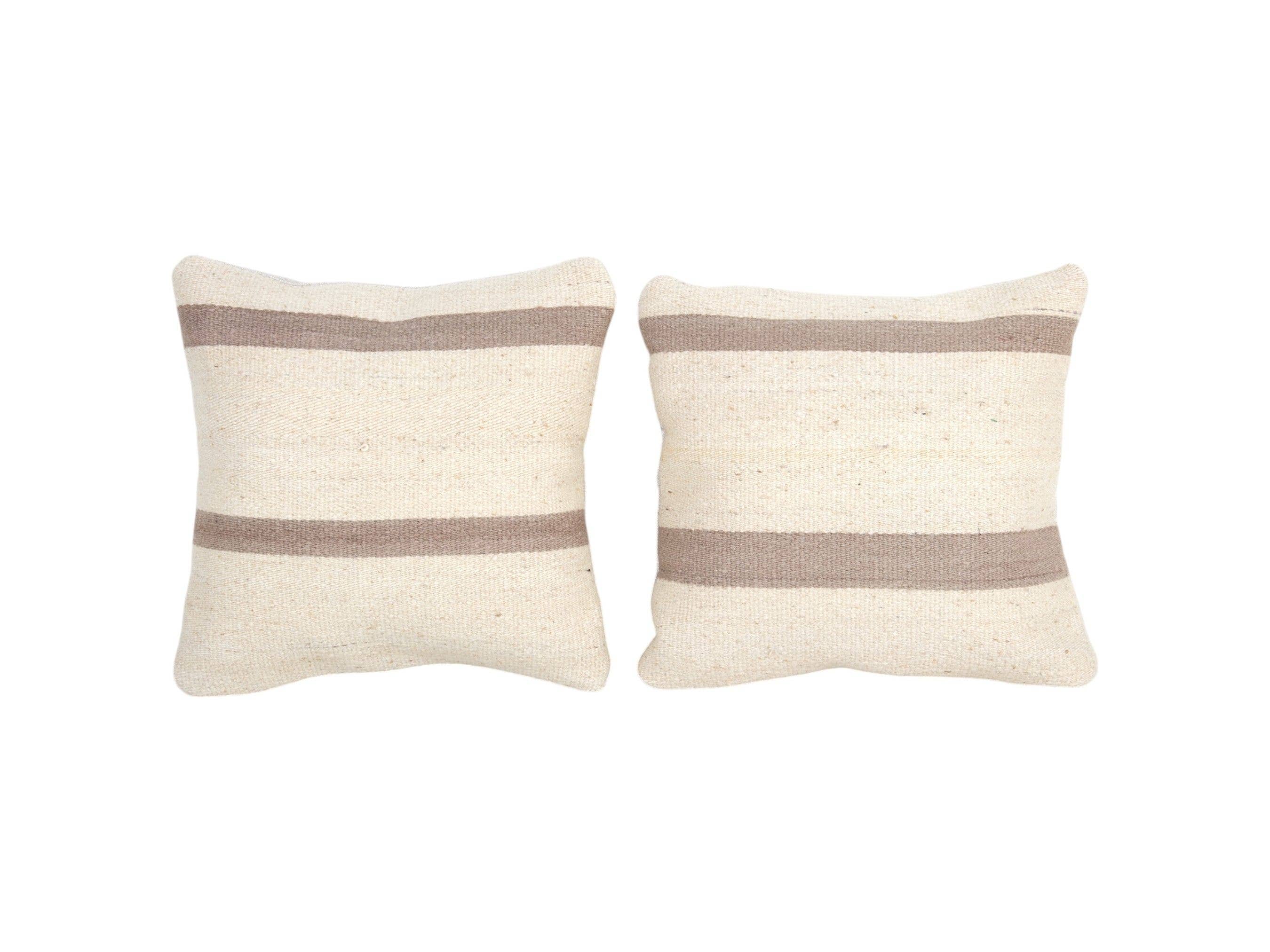 Vintage Turkish White Kilim Pillow, Brown Striped Natural