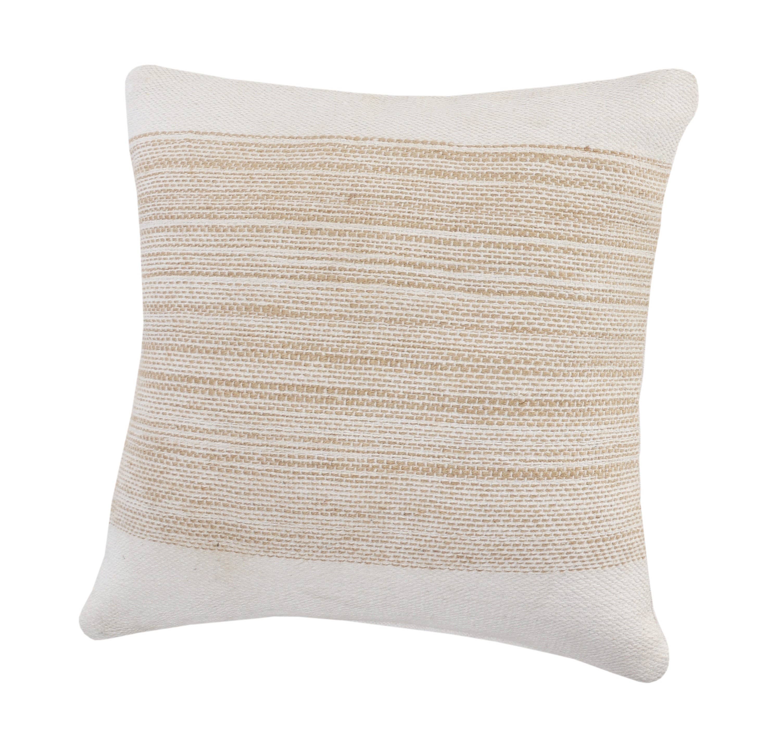 Ivory and Jute Striped and Bordered Throw Pillow