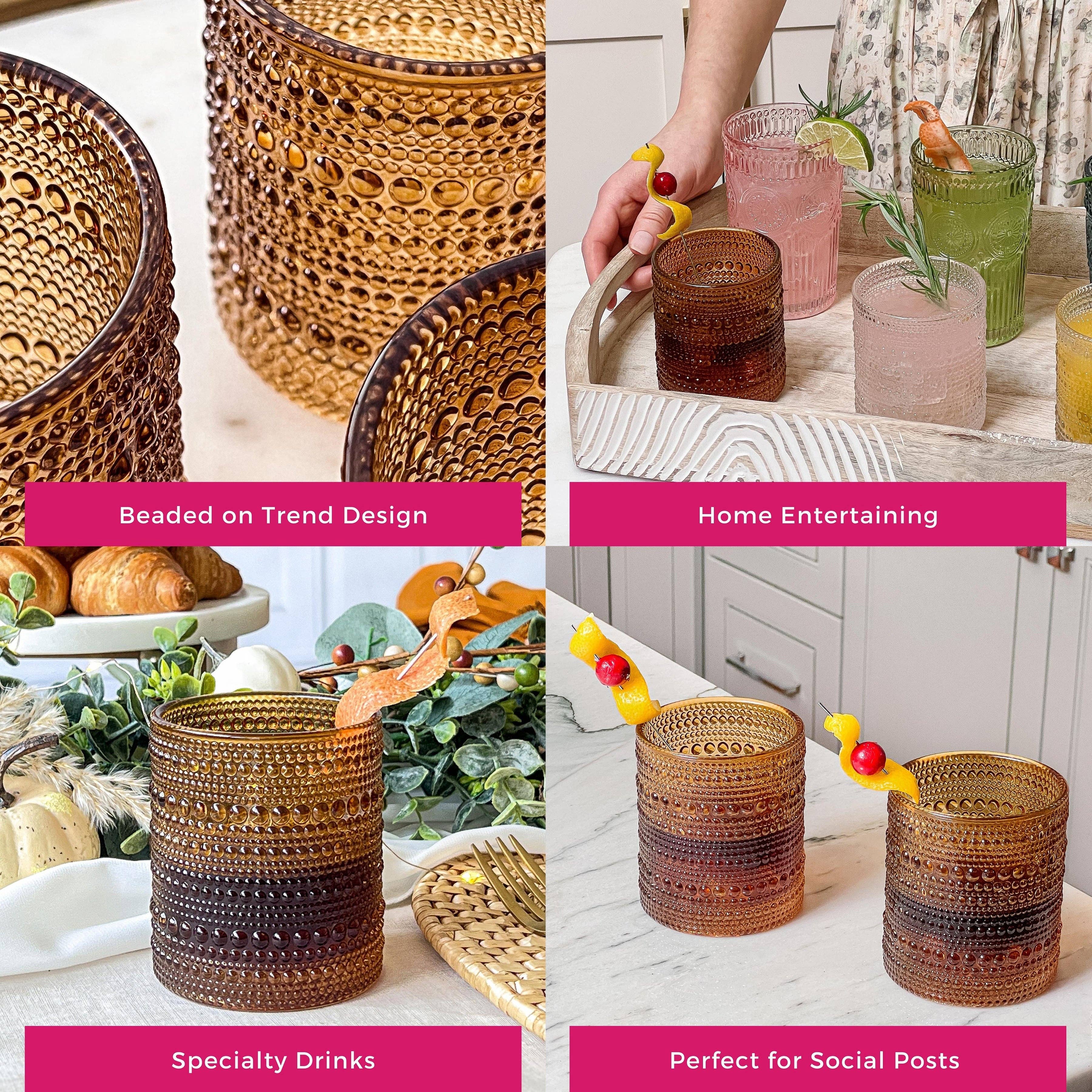 10 oz. Textured Hobnail Beaded Amber Drinking Glasses - 6pcs
