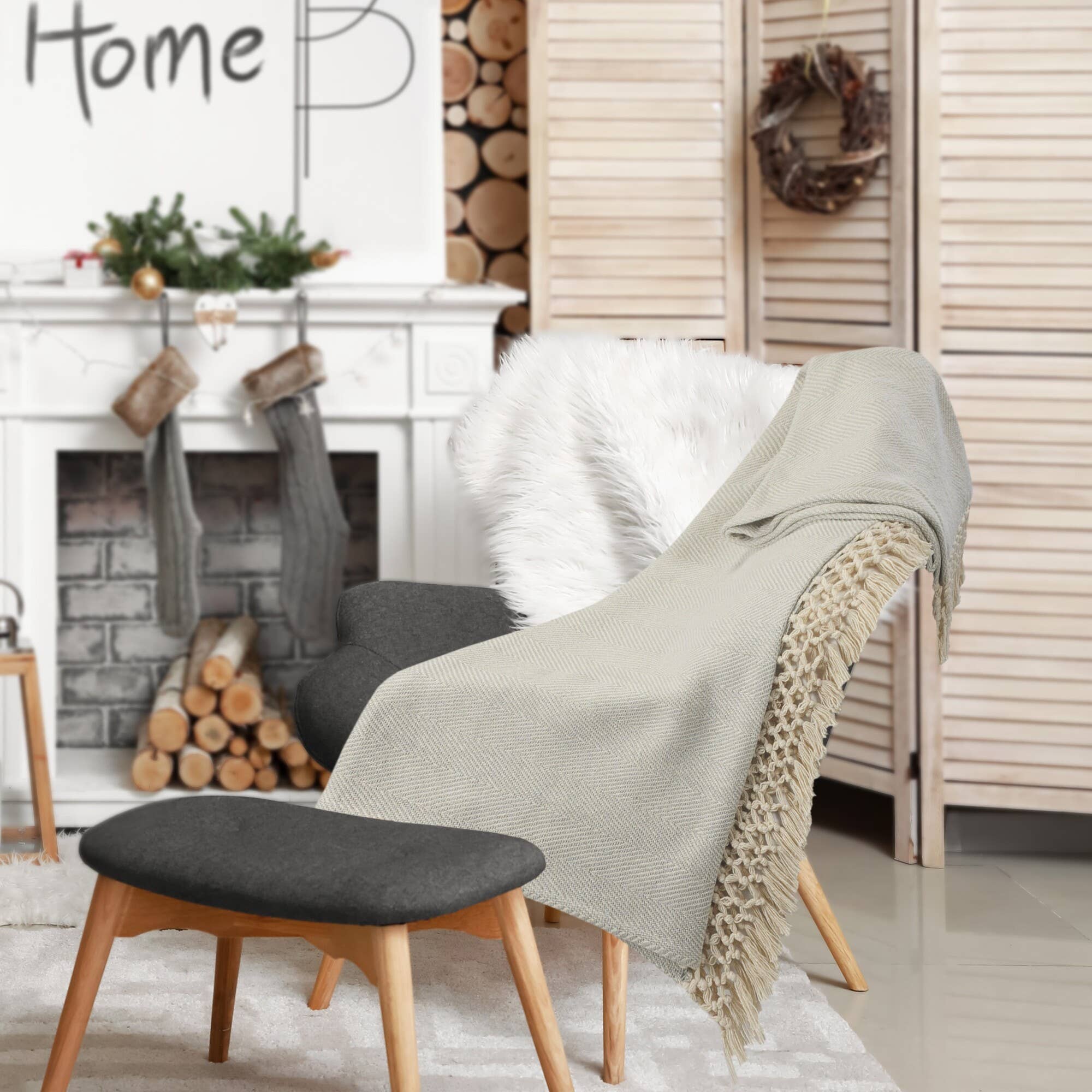 Slight Chevron Soft Gray Throw Blanket with Fringe