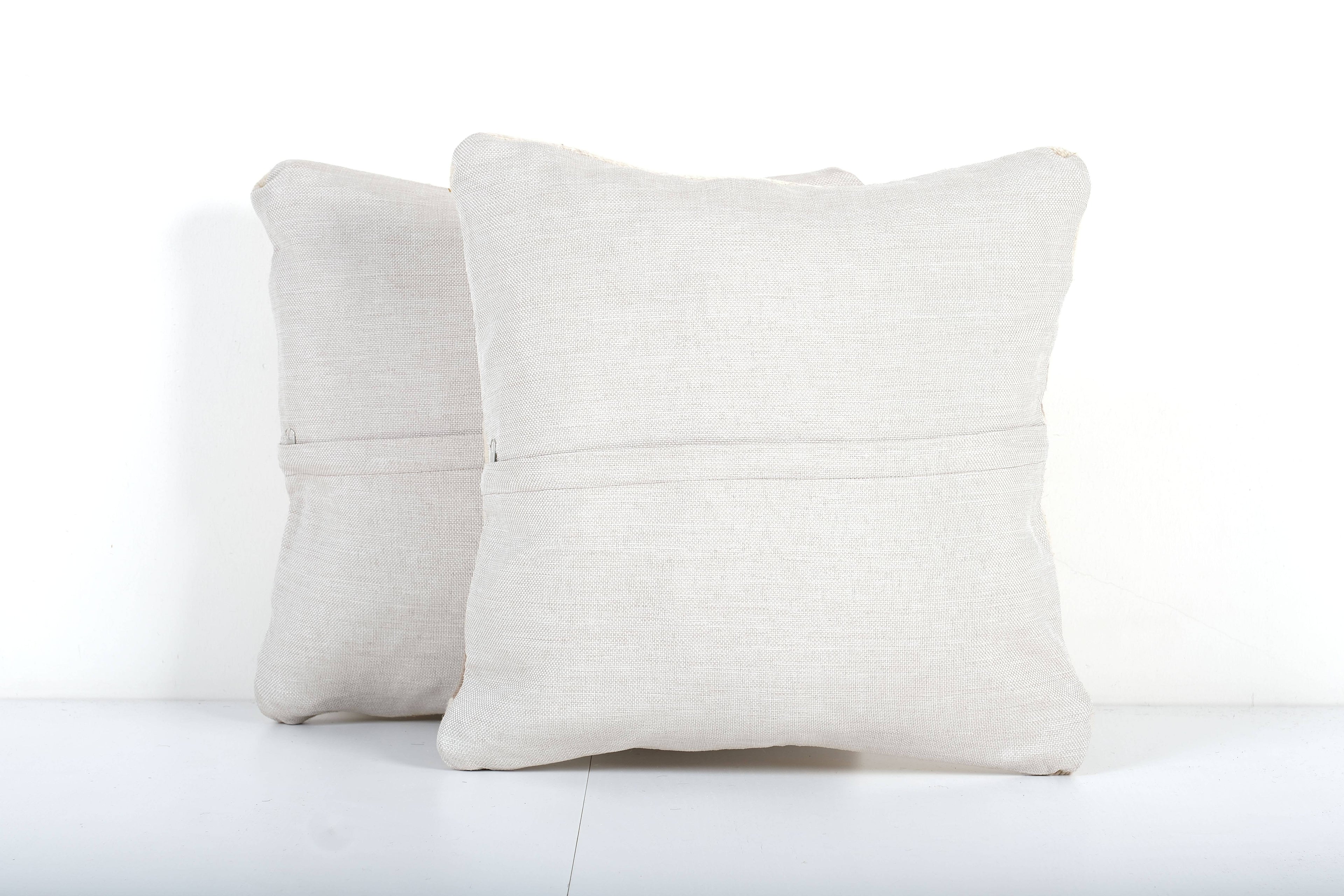 Vintage Turkish White Kilim Pillow, Brown Striped Natural