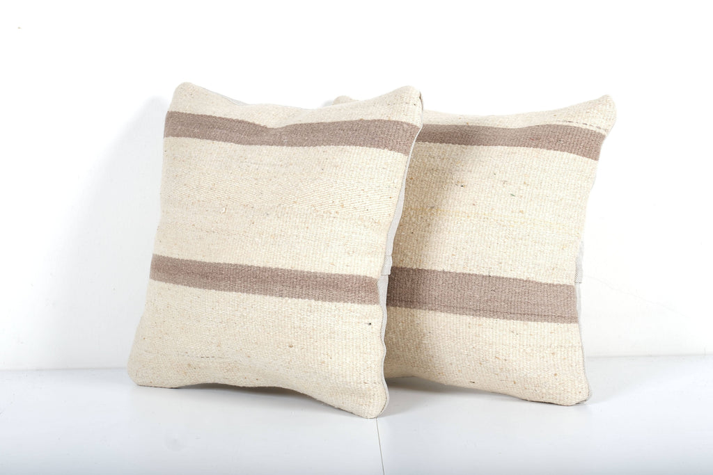 Vintage Turkish White Kilim Pillow, Brown Striped Natural