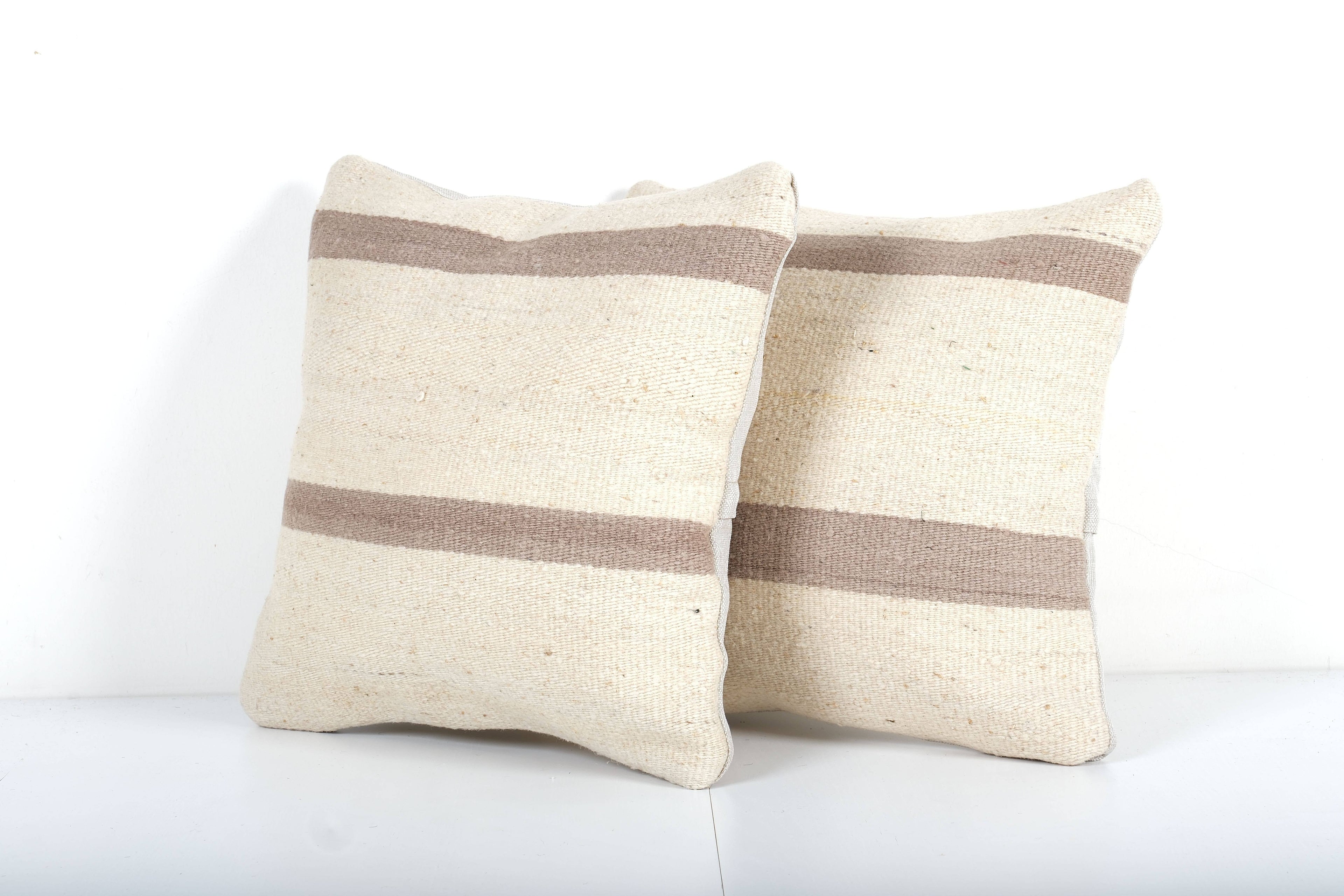 Vintage Turkish White Kilim Pillow, Brown Striped Natural