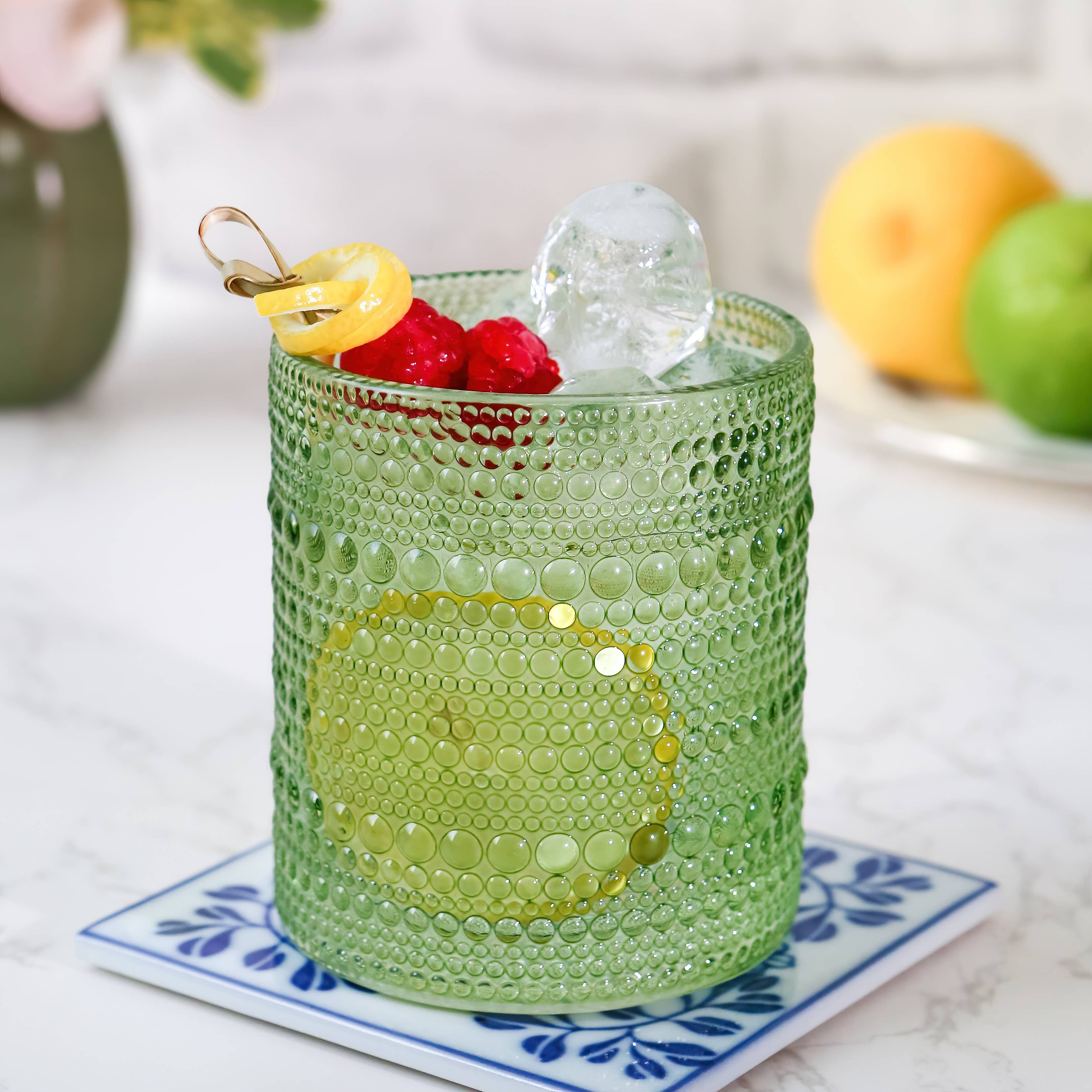 10 oz Beaded Sage Green Old Fashion Drinking Glass Set of 6