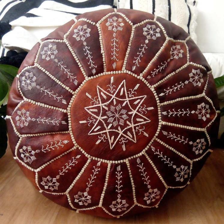 Moroccan Leather Foot Stool Ottoman, Handmade Pouf
