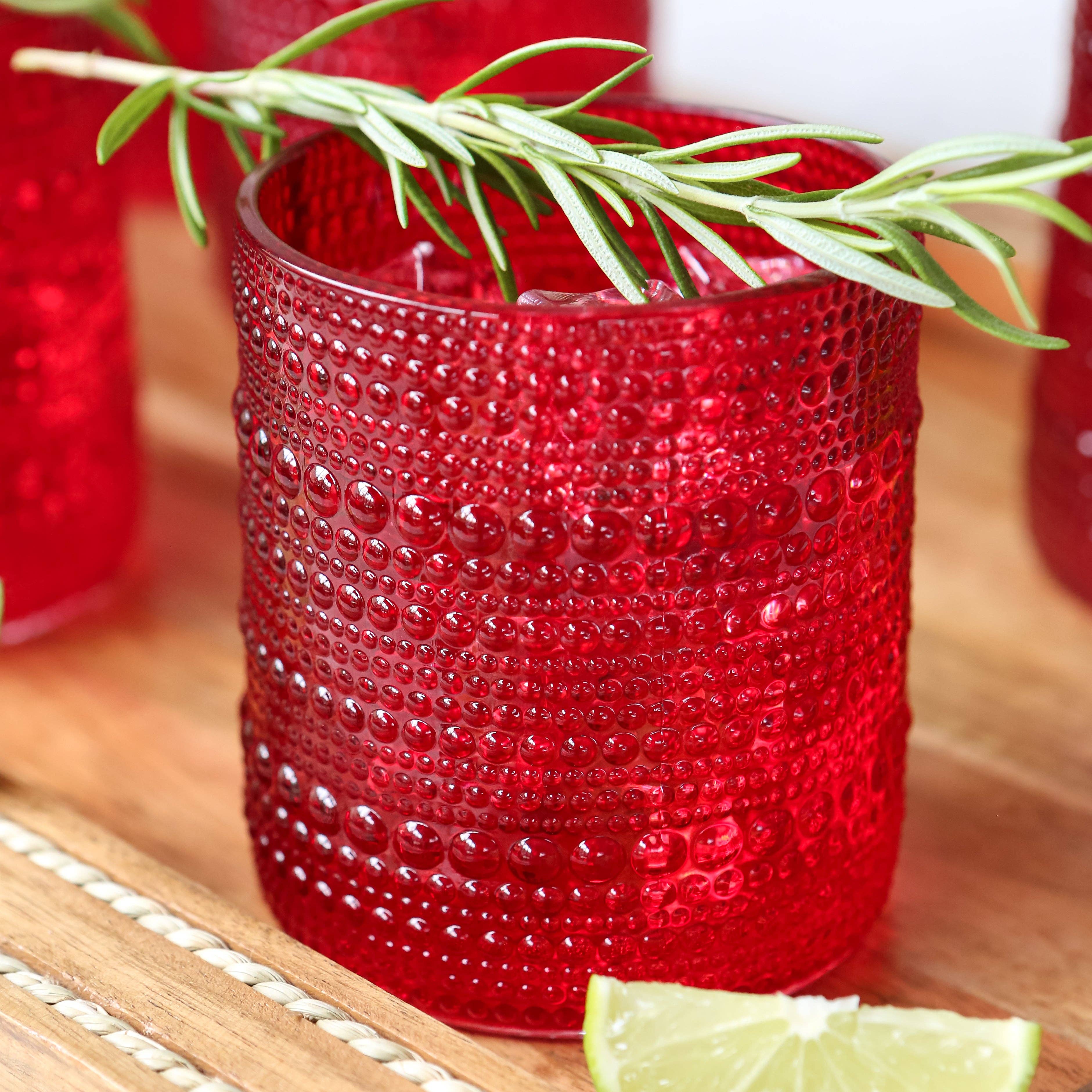 10 oz. Textured Beaded Red Old Fashion Drinking Glasses (Set