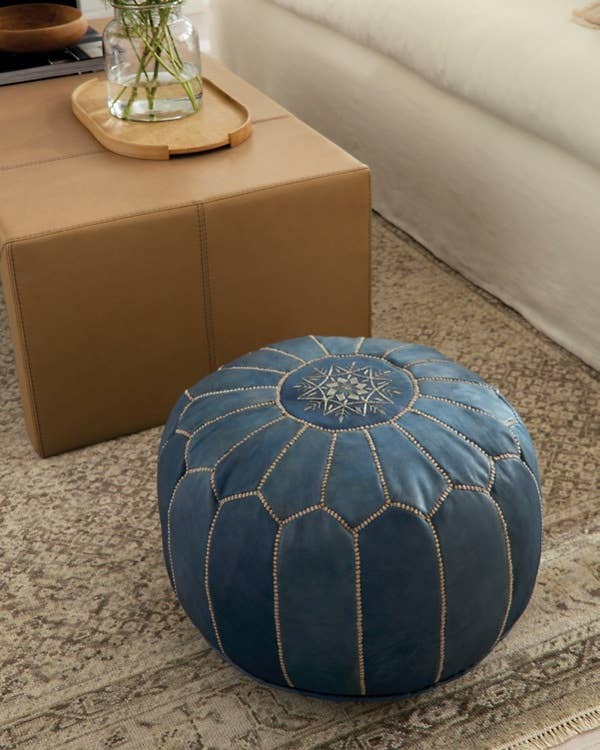 Moroccan Leather Foot Stool Ottoman, Handmade Pouf