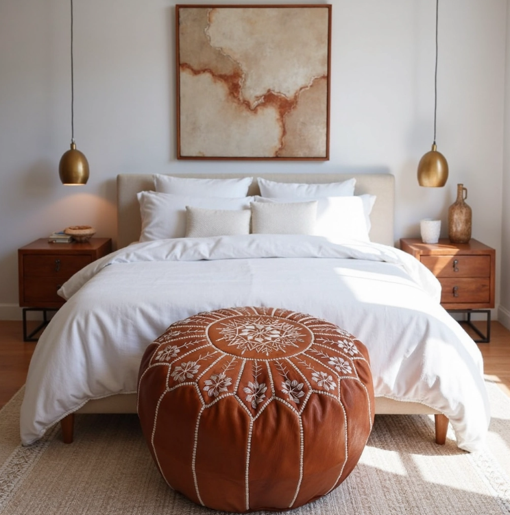 Moroccan Leather Foot Stool Ottoman, Handmade Pouf