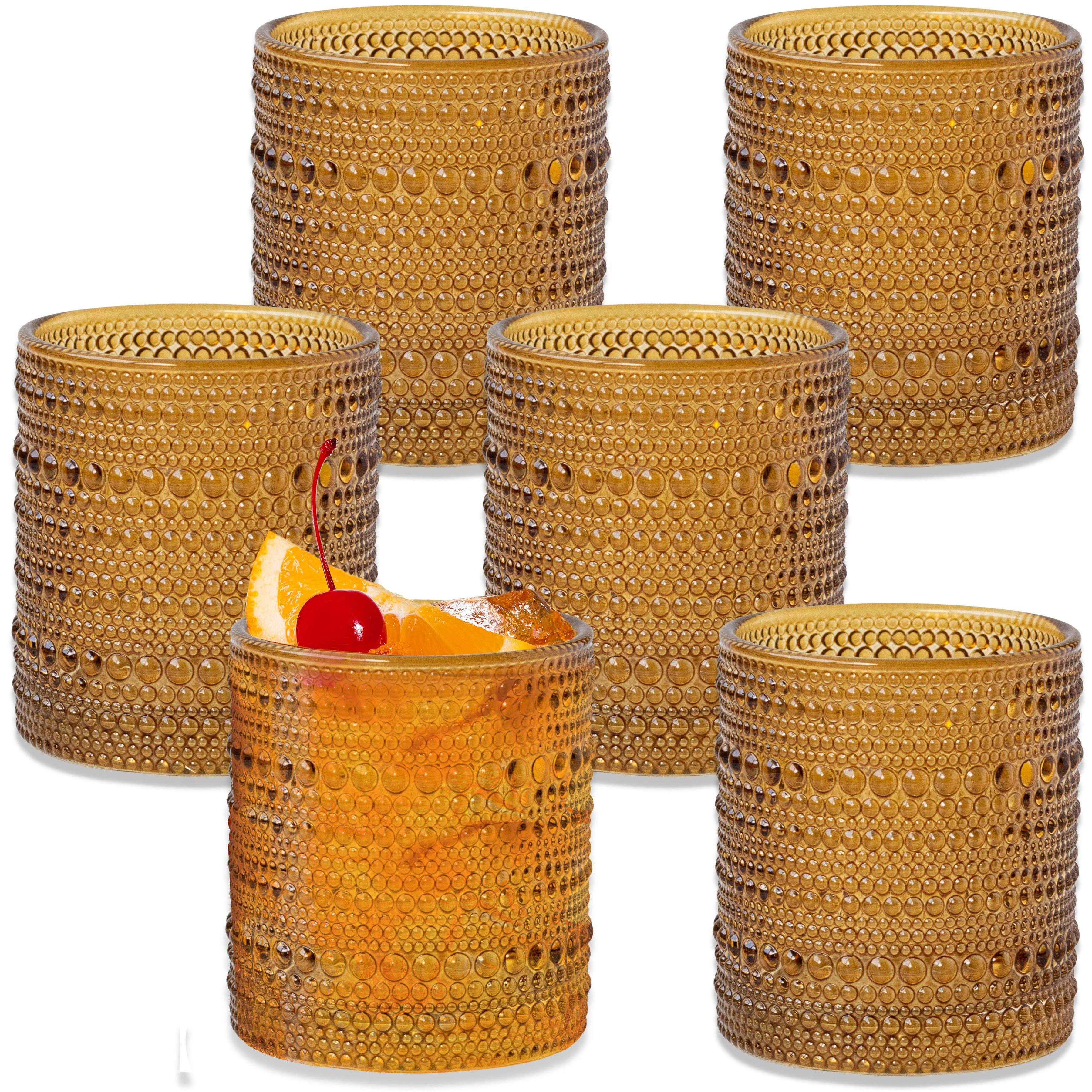10 oz. Textured Hobnail Beaded Amber Drinking Glasses - 6pcs