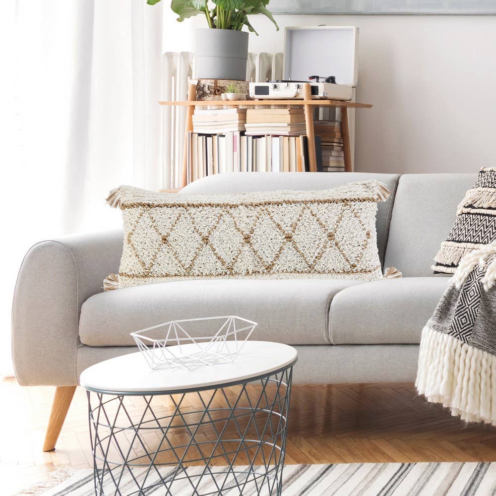 Boho-Chic Diamond Jute and Cotton Throw Pillow