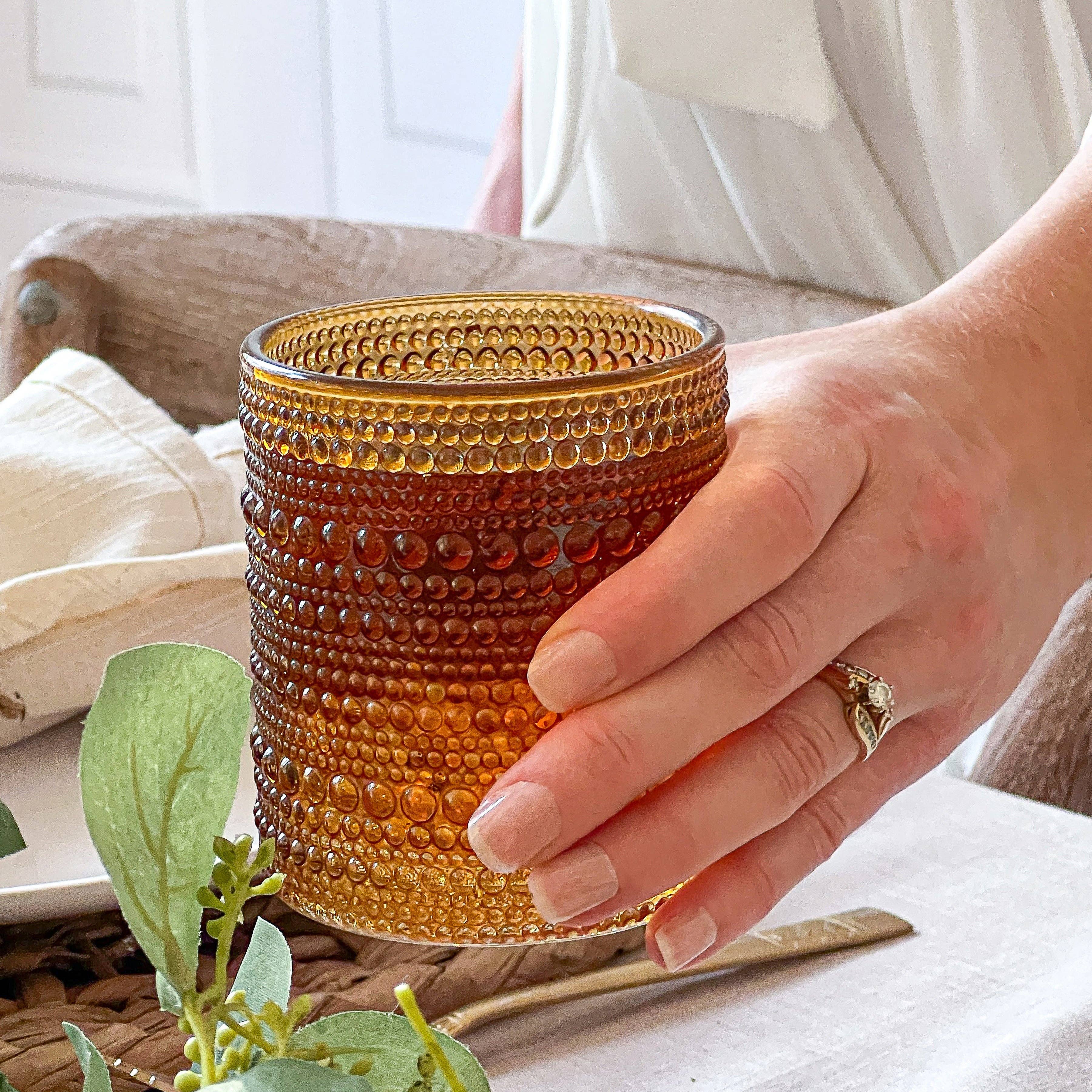 10 oz. Textured Hobnail Beaded Amber Drinking Glasses - 6pcs