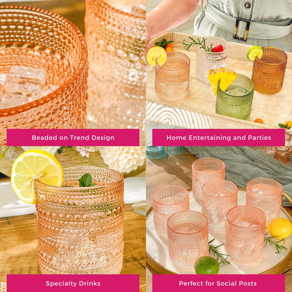 10 oz Beaded Rose Gold Old Fashion Drinking Glasses (6pcs)