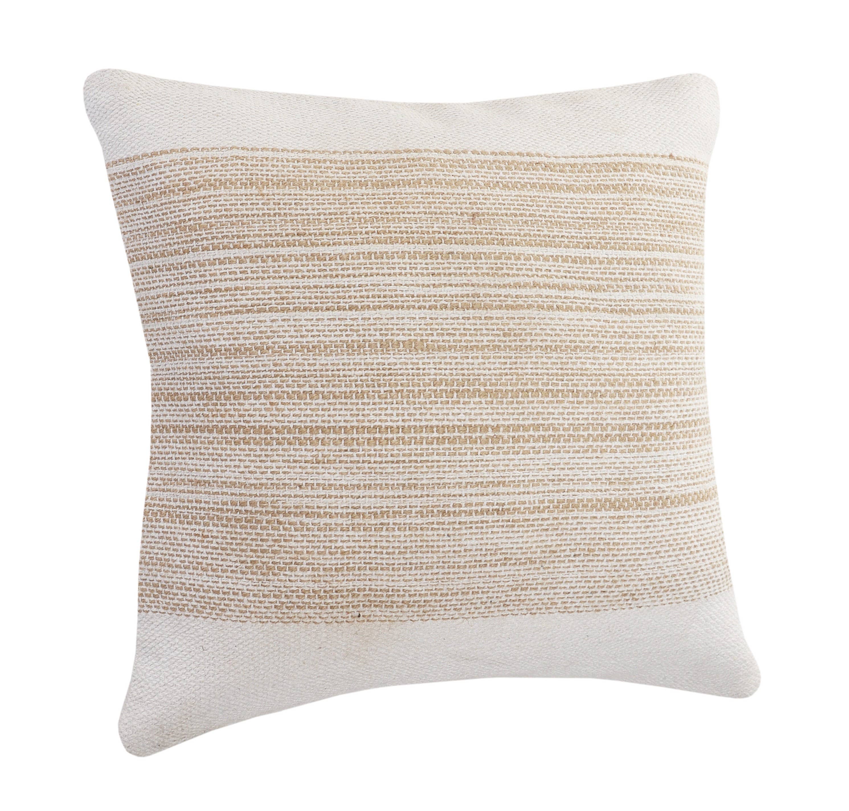 Ivory and Jute Striped and Bordered Throw Pillow