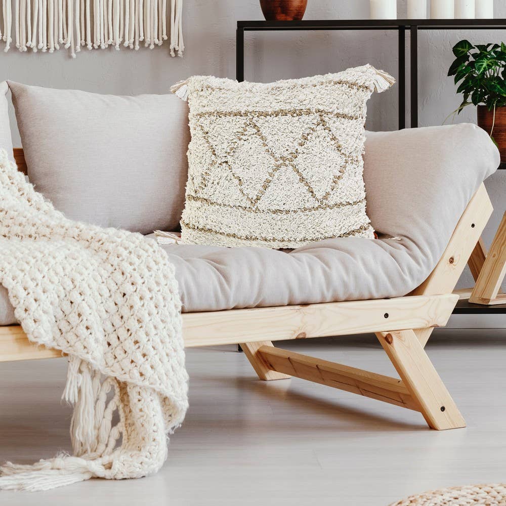 Boho-Chic Diamond Jute and Cotton Throw Pillow