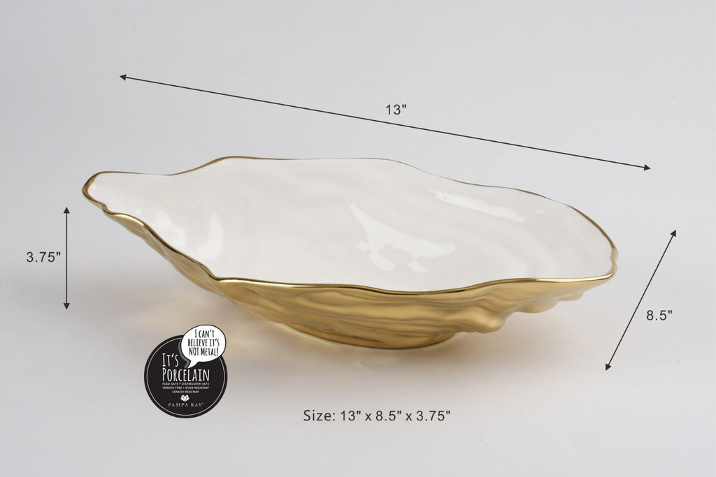 Pampa Bay Porcelain Large Oyster Bowl, 13.25 x 8.25 Inch, White/Gold Tone