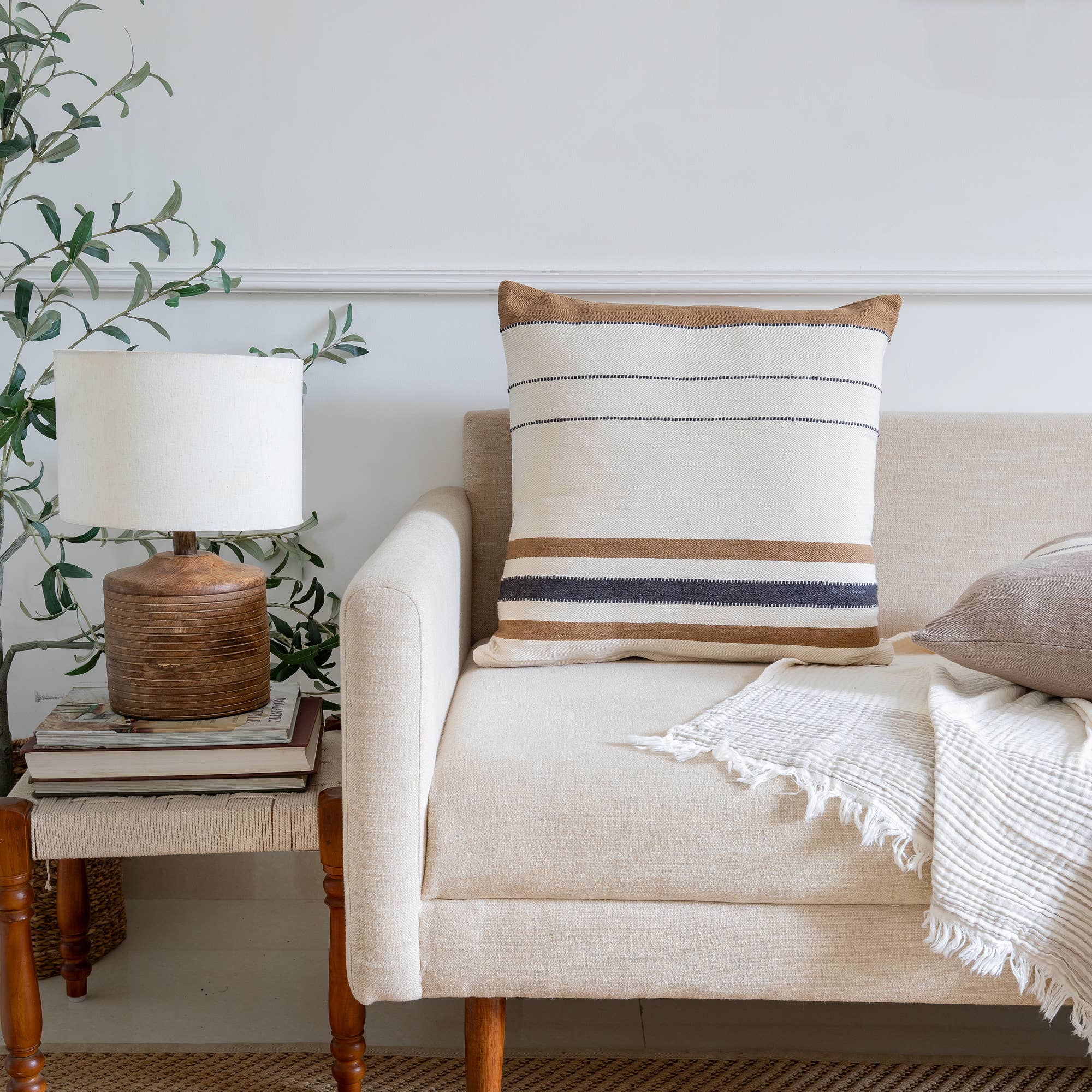 Transitional Hand-Woven Modern Striped Cotton Throw Pillow