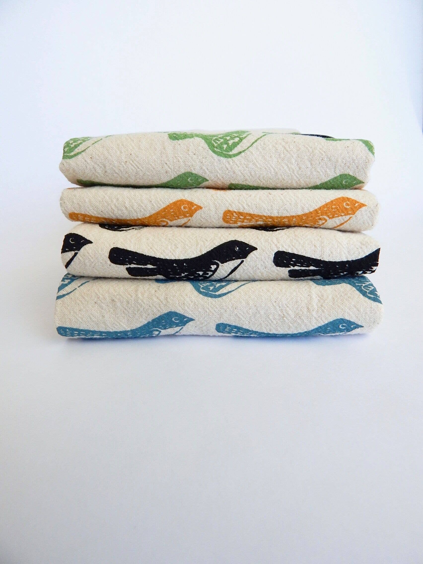 Bird Kitchen Towel, Handprinted Tea Towel