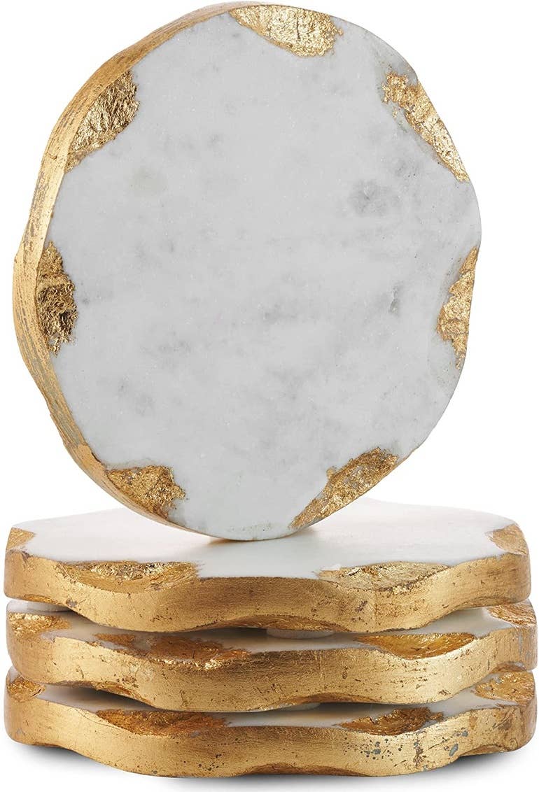 Set of Four Round Marble Coasters Gold Edge - Gift Guide